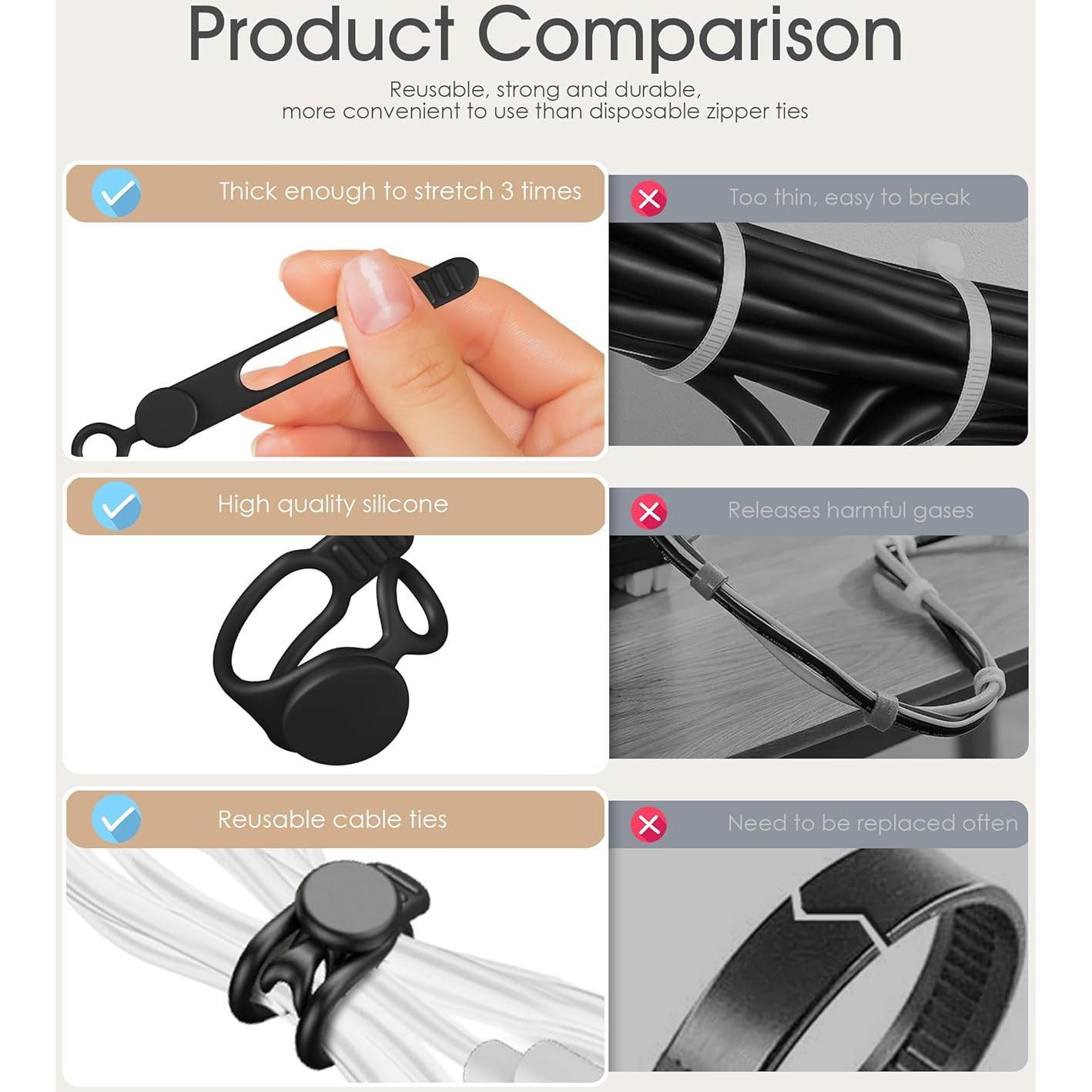 20 Ataduras de Cable de Silicona Nearockle 3" Negro