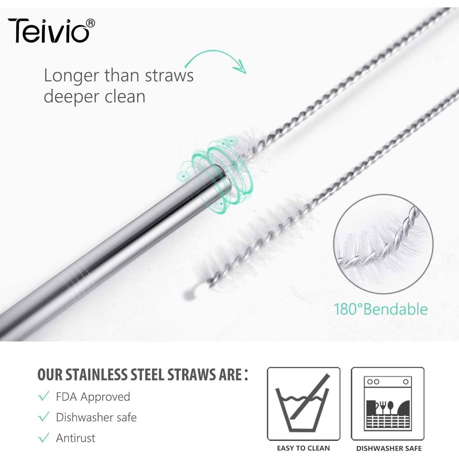 Juego de 8 Pajitas de Acero Inoxidable Teivio 12" con Puntas de Silicona