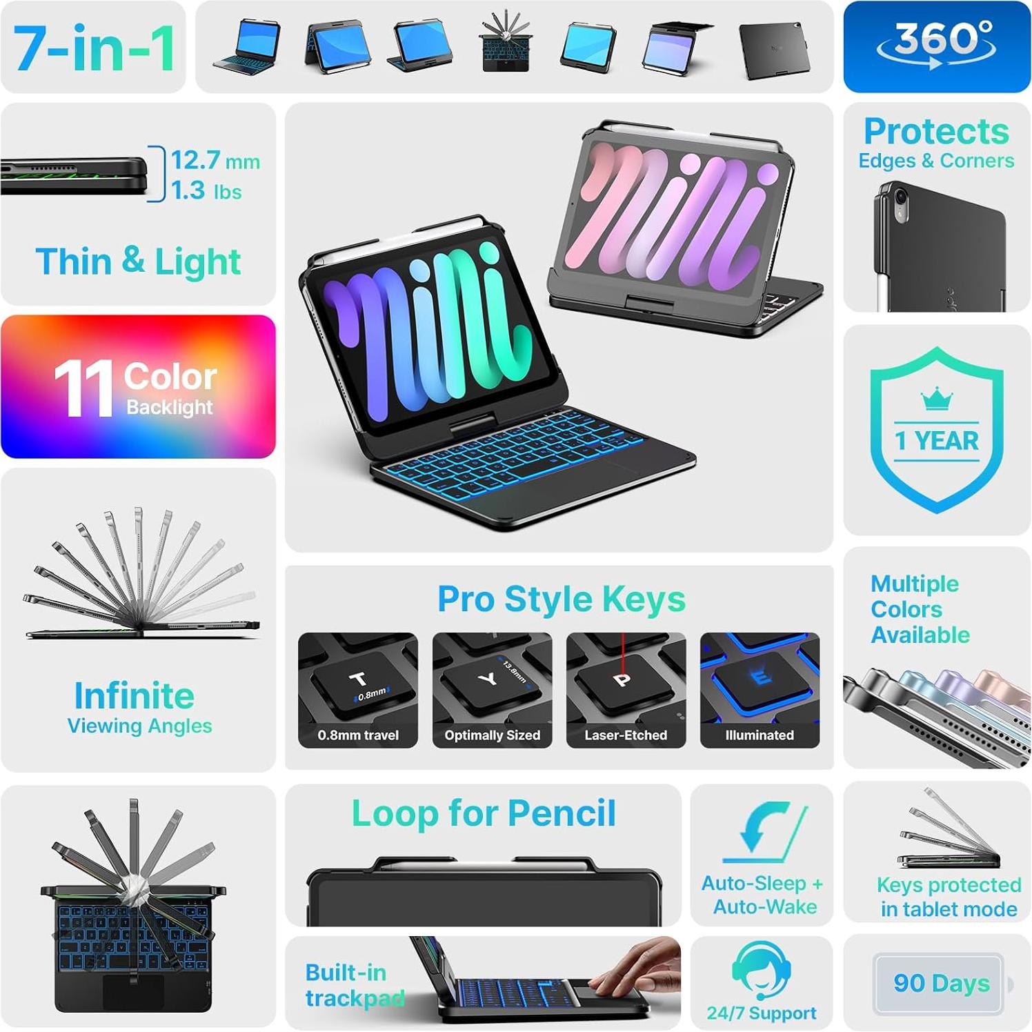 Funda Teclado Typecase iPad Mini 7 y 6 - Retroiluminada 10 Colores