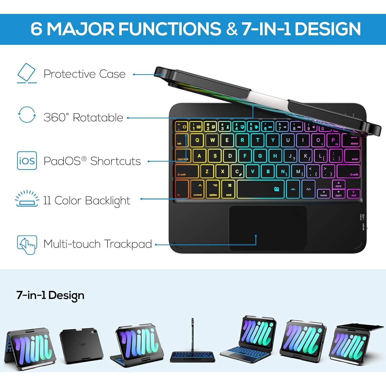 Funda Teclado Typecase iPad Mini 7 y 6 - Retroiluminada 10 Colores