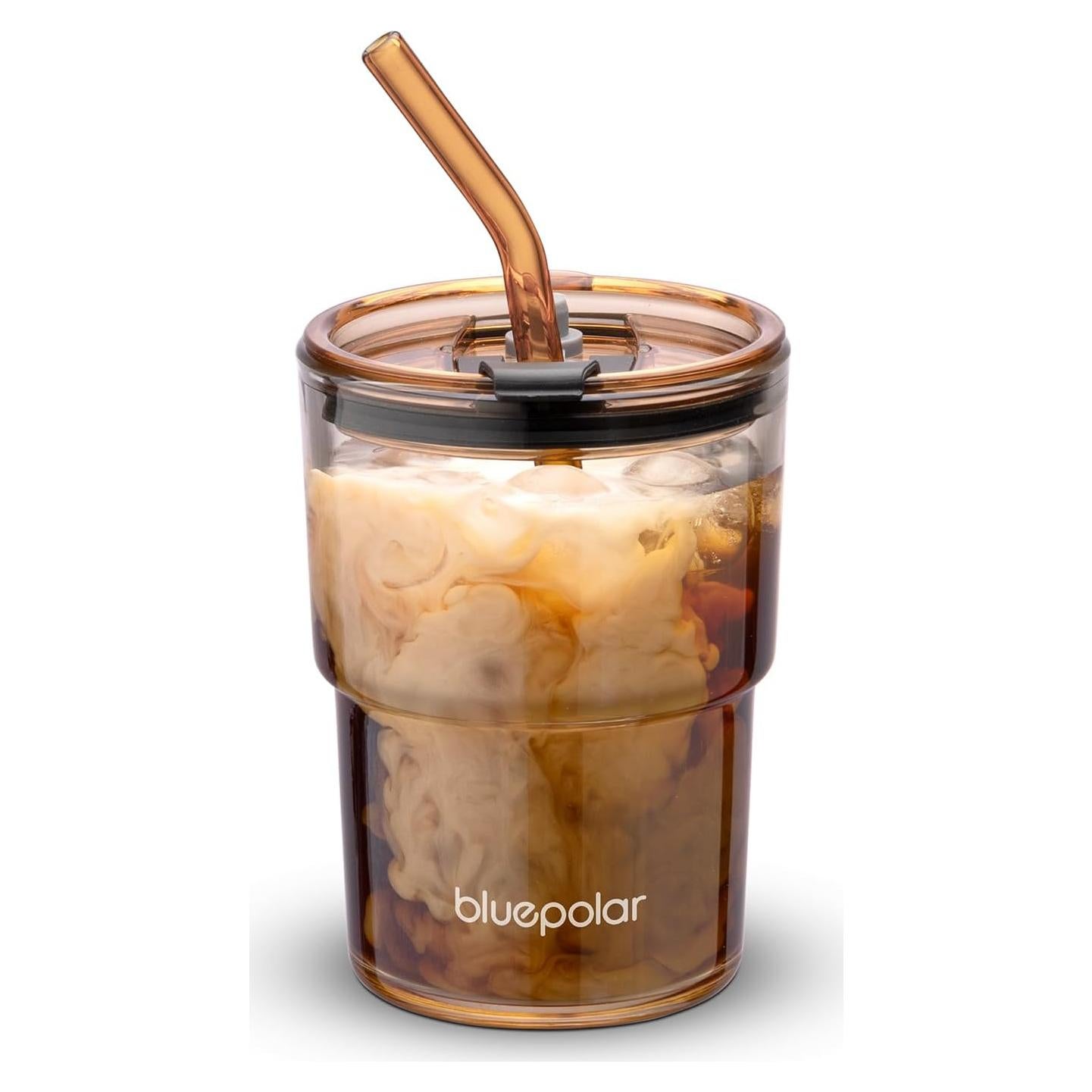 Taza de vidrio BLUEPOLAR 400ml con popote y tapa a prueba de fugas