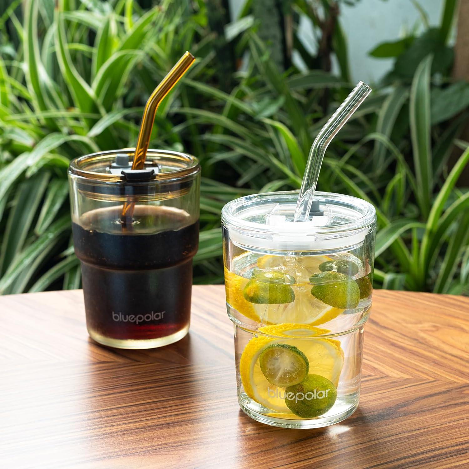 Taza de vidrio BLUEPOLAR 400ml con popote y tapa a prueba de fugas