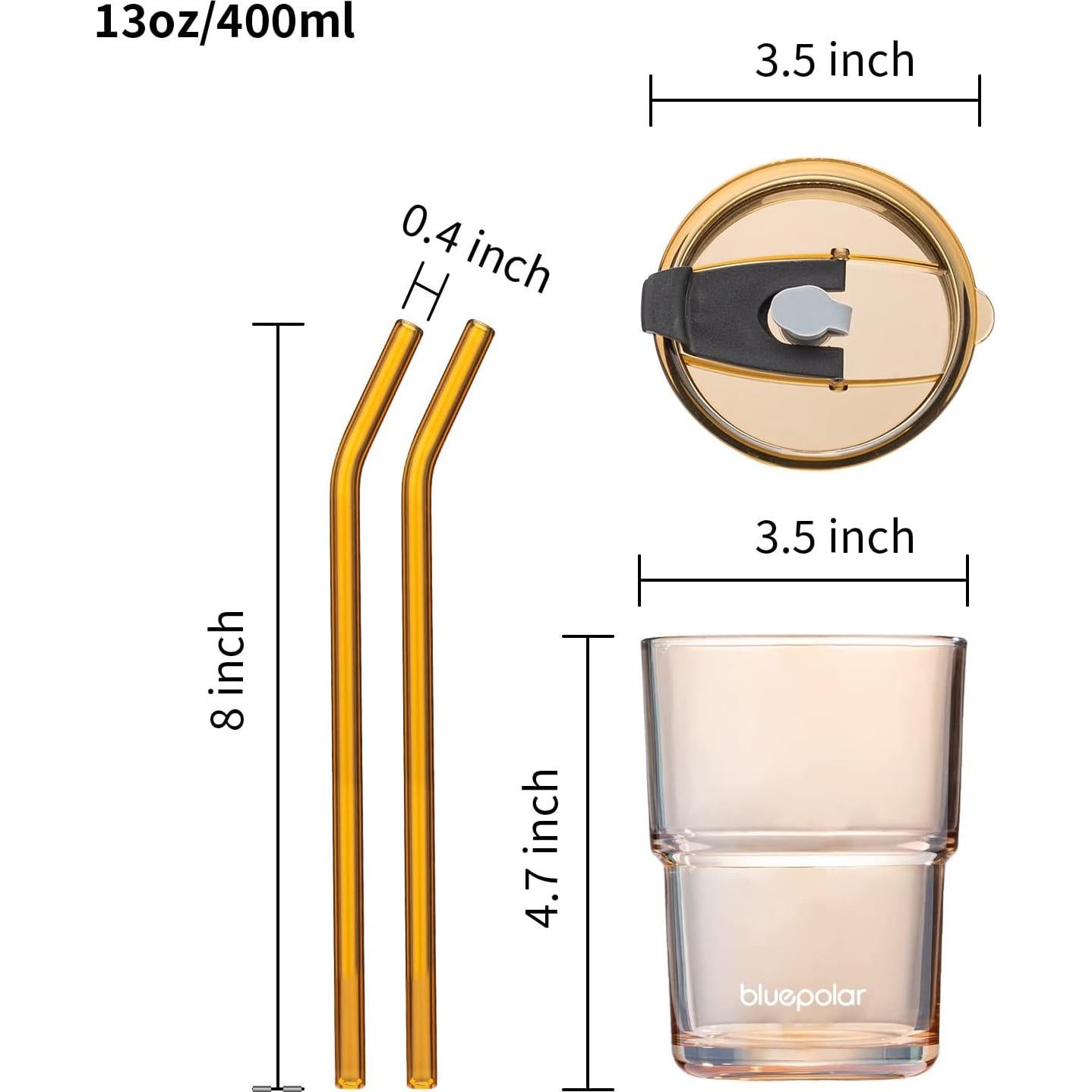 Taza de vidrio BLUEPOLAR 400ml con popote y tapa a prueba de fugas