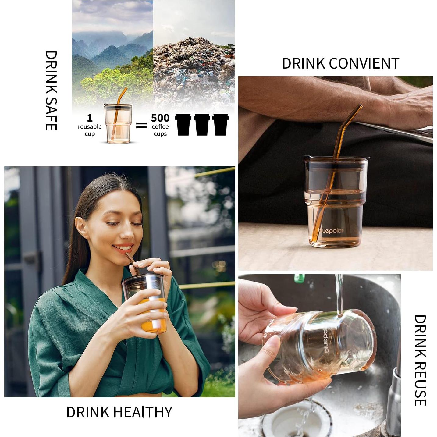 Taza de vidrio BLUEPOLAR 400ml con popote y tapa a prueba de fugas