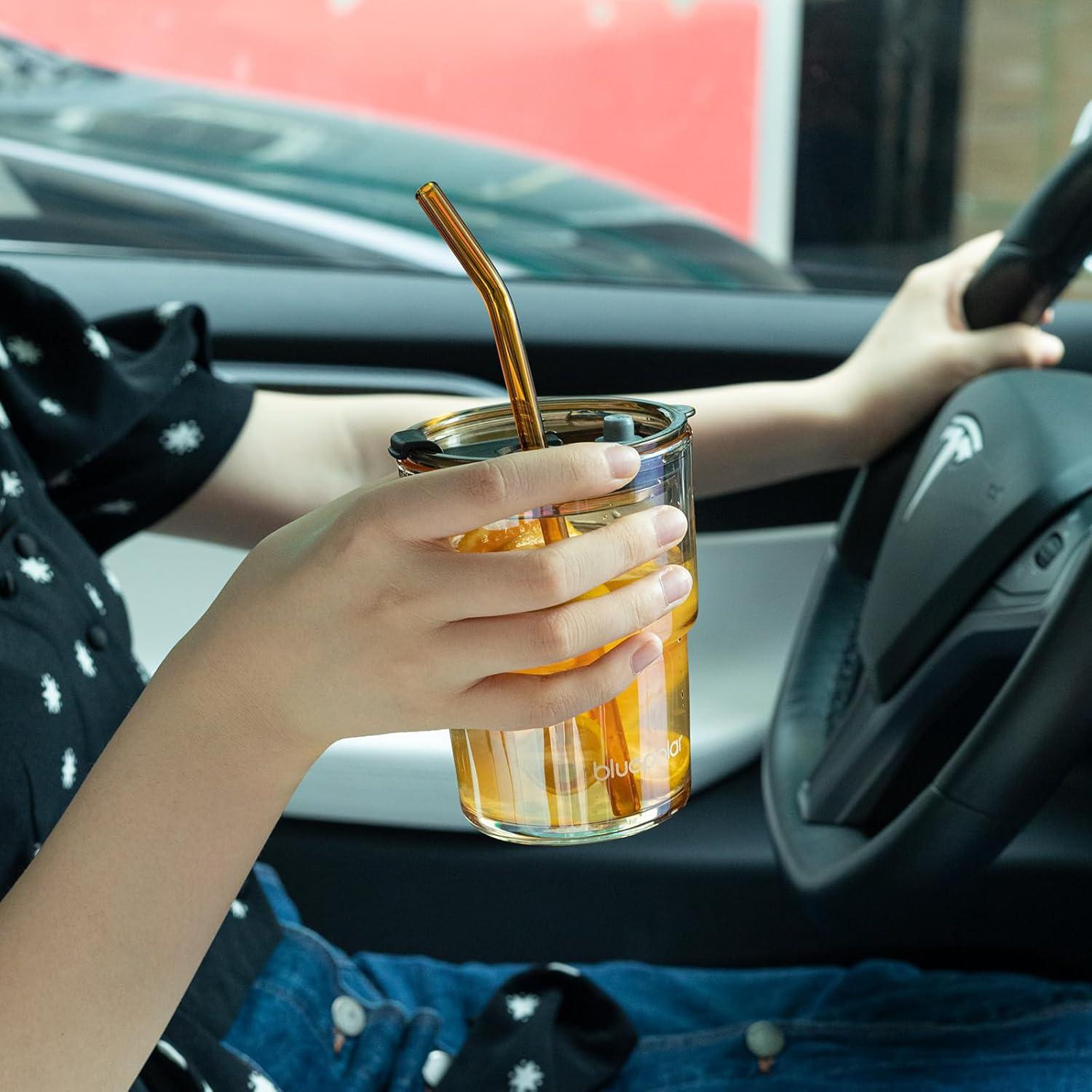 Taza de vidrio BLUEPOLAR 400ml con popote y tapa a prueba de fugas