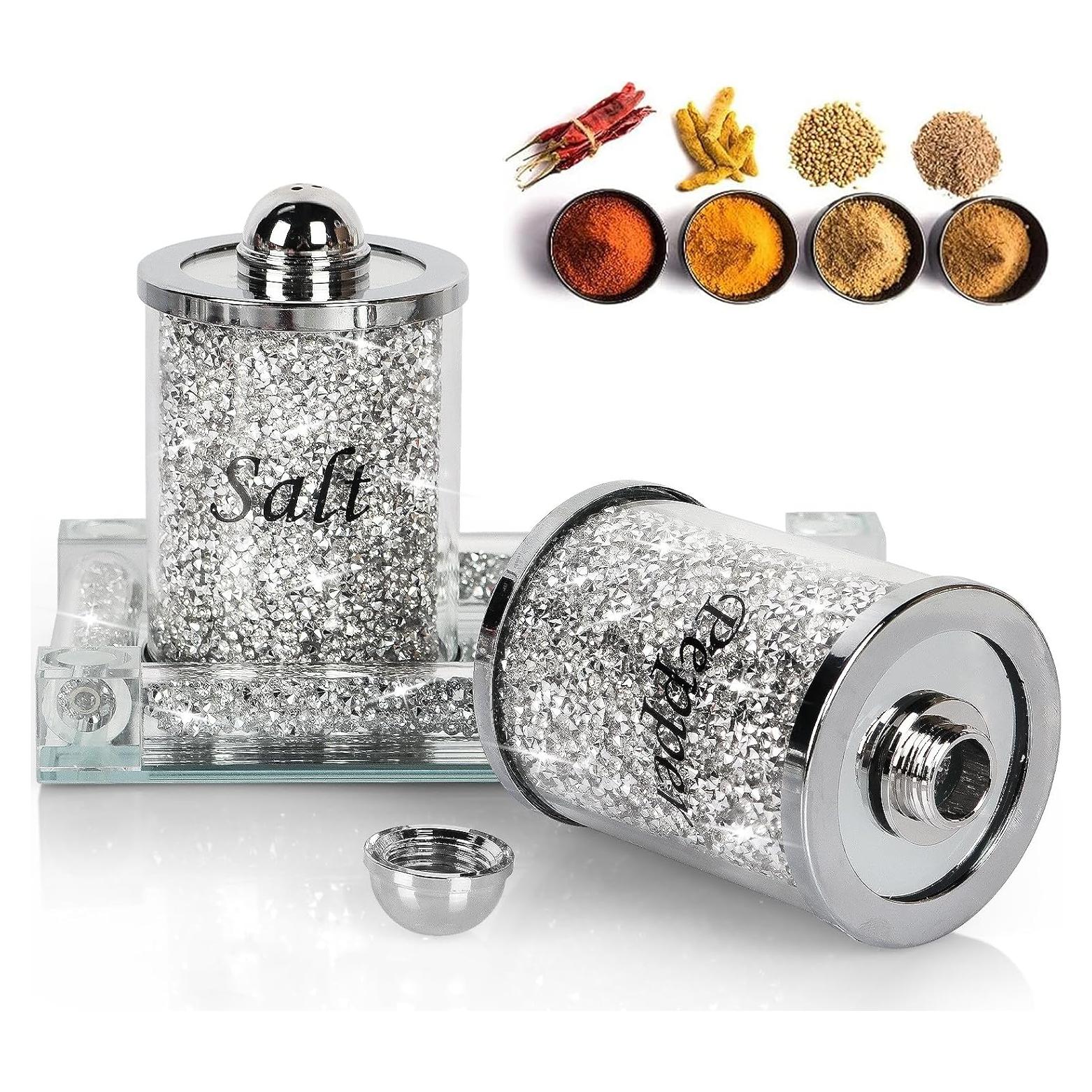 Juego de Salero y Pimentero de Cristal Hebaogugu 2 Piezas Plata