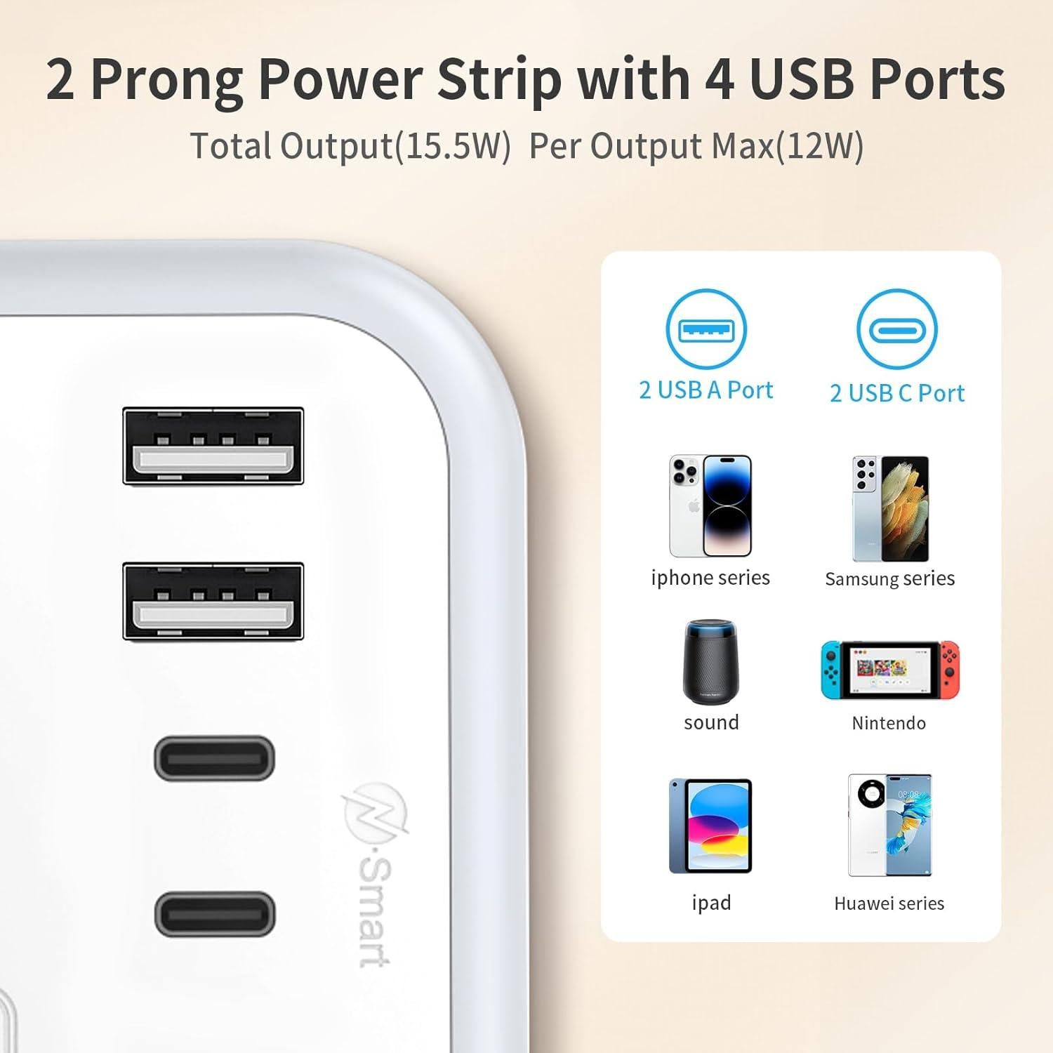 Regleta NTONPOWER 2 Clavijas 1875W 5FT con 4 Puertos USB