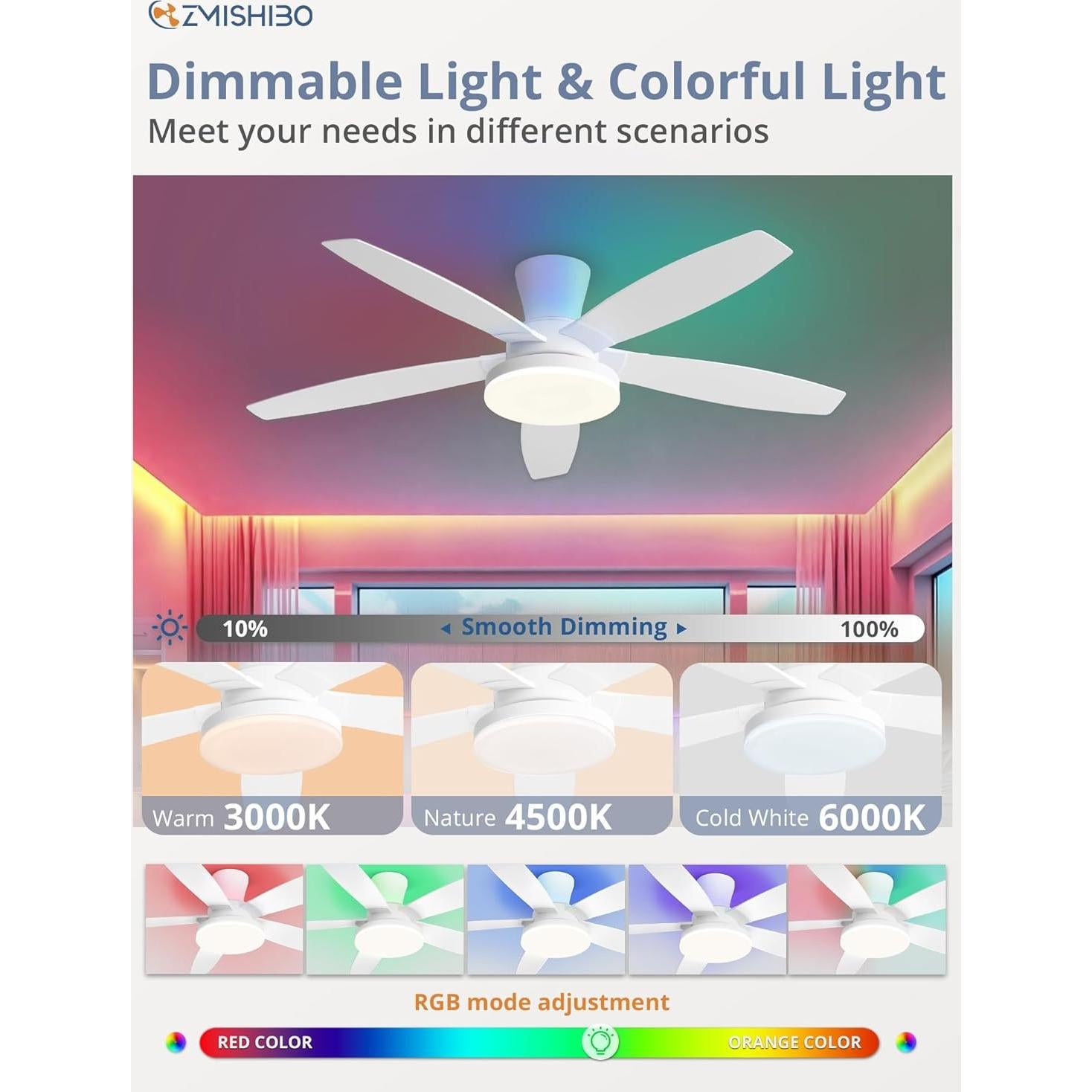 Ventilador de Techo ZMISHIBO 121.9 cm RGB con Control Remoto