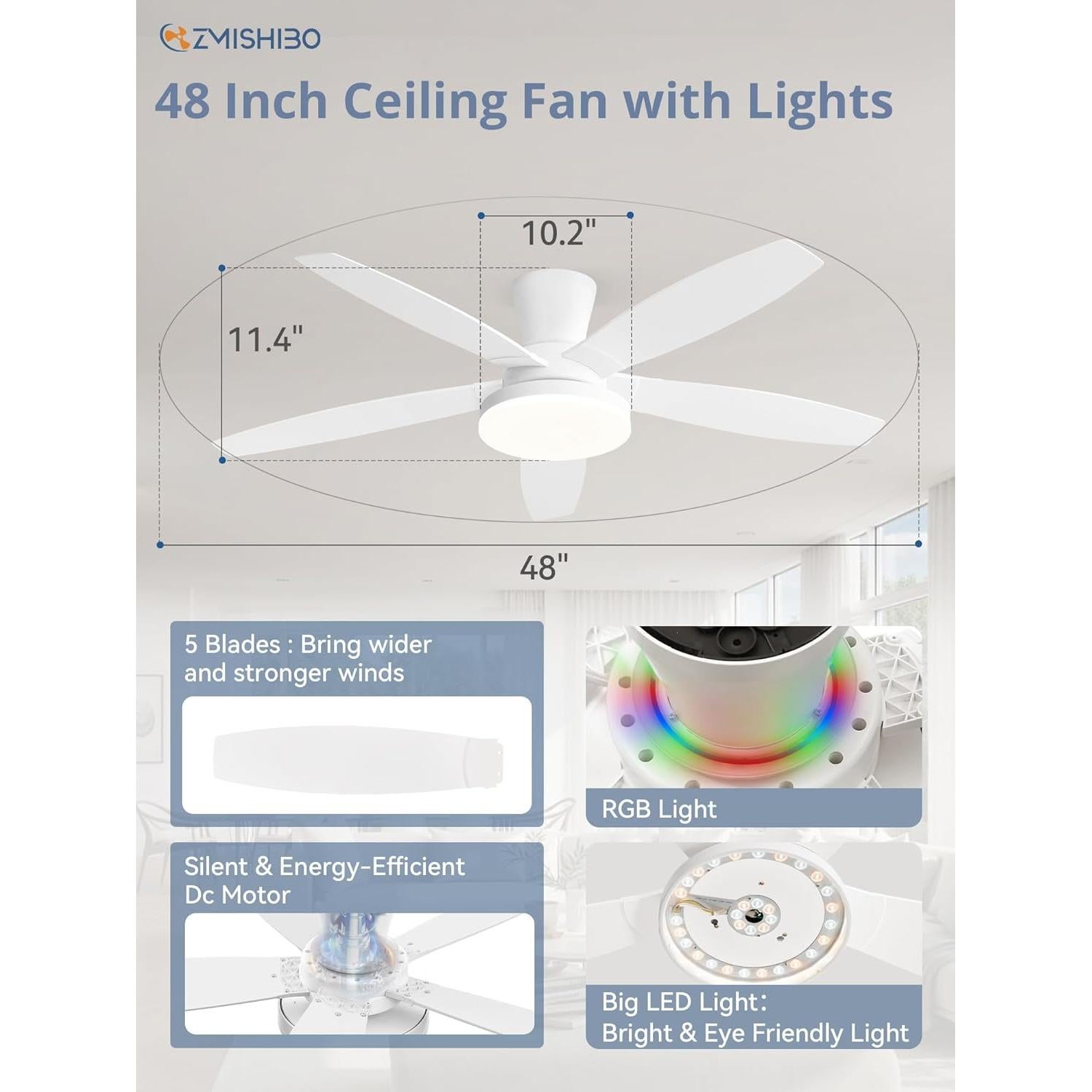 Ventilador de Techo ZMISHIBO 121.9 cm RGB con Control Remoto