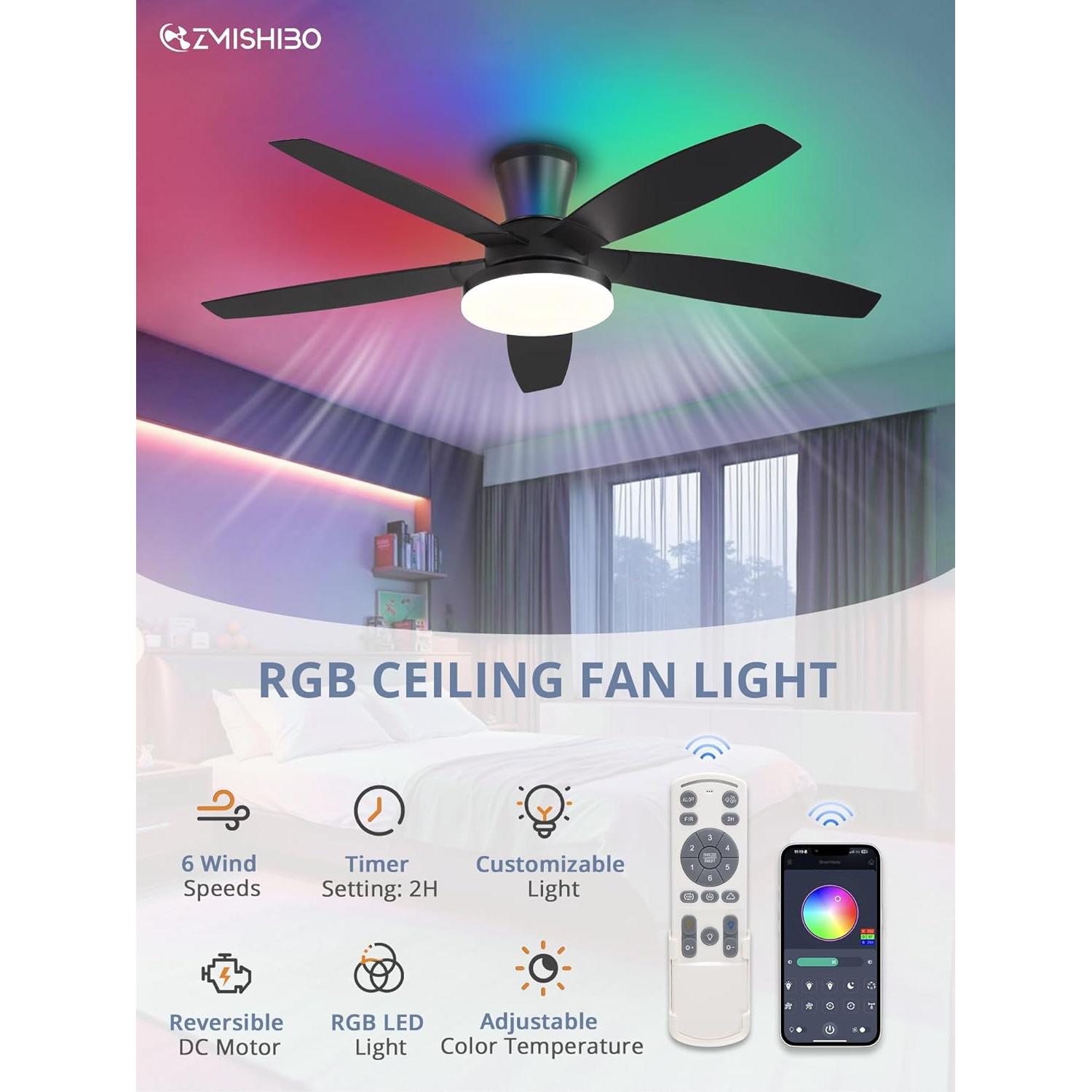 Ventilador de Techo ZMISHIBO 121.9 cm RGB con Control Remoto