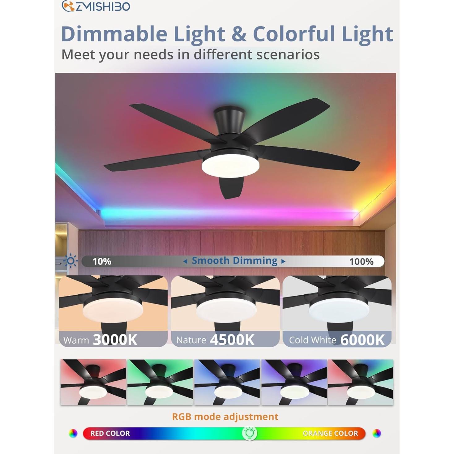 Ventilador de Techo ZMISHIBO 121.9 cm RGB con Control Remoto