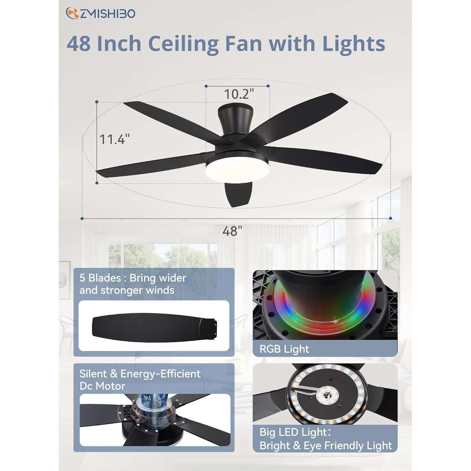 Ventilador de Techo ZMISHIBO 121.9 cm RGB con Control Remoto
