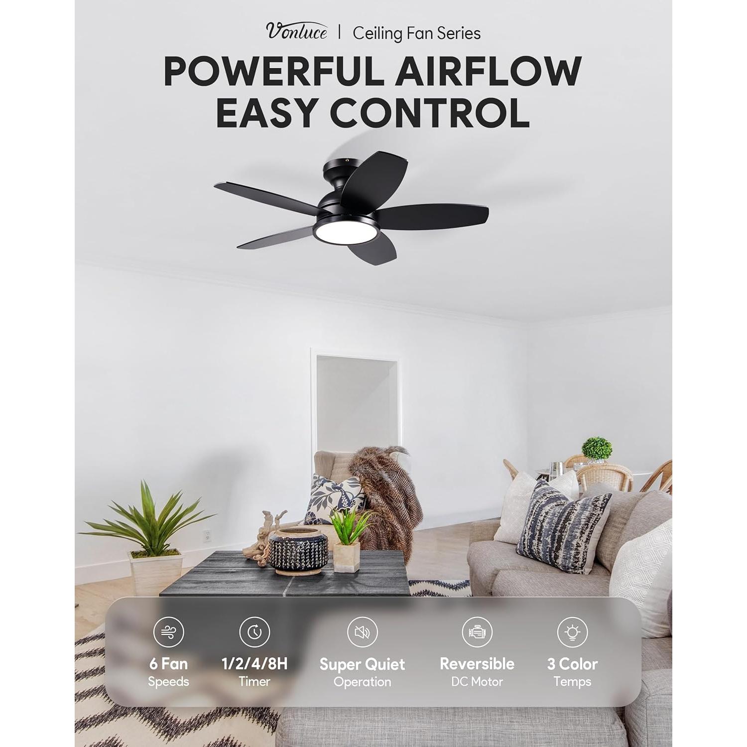 Ventilador de Techo VONLUCE 91.44 cm con Luz LED y Control Remoto