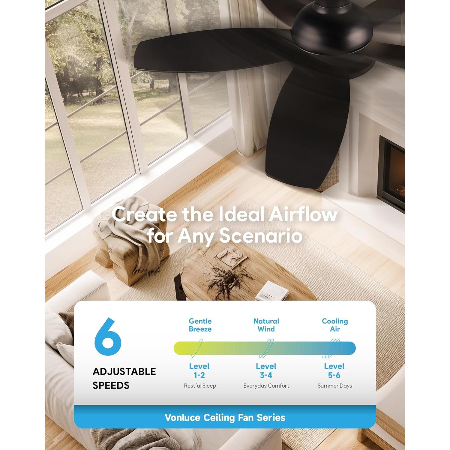 Ventilador de Techo VONLUCE 91.44 cm con Luz LED y Control Remoto