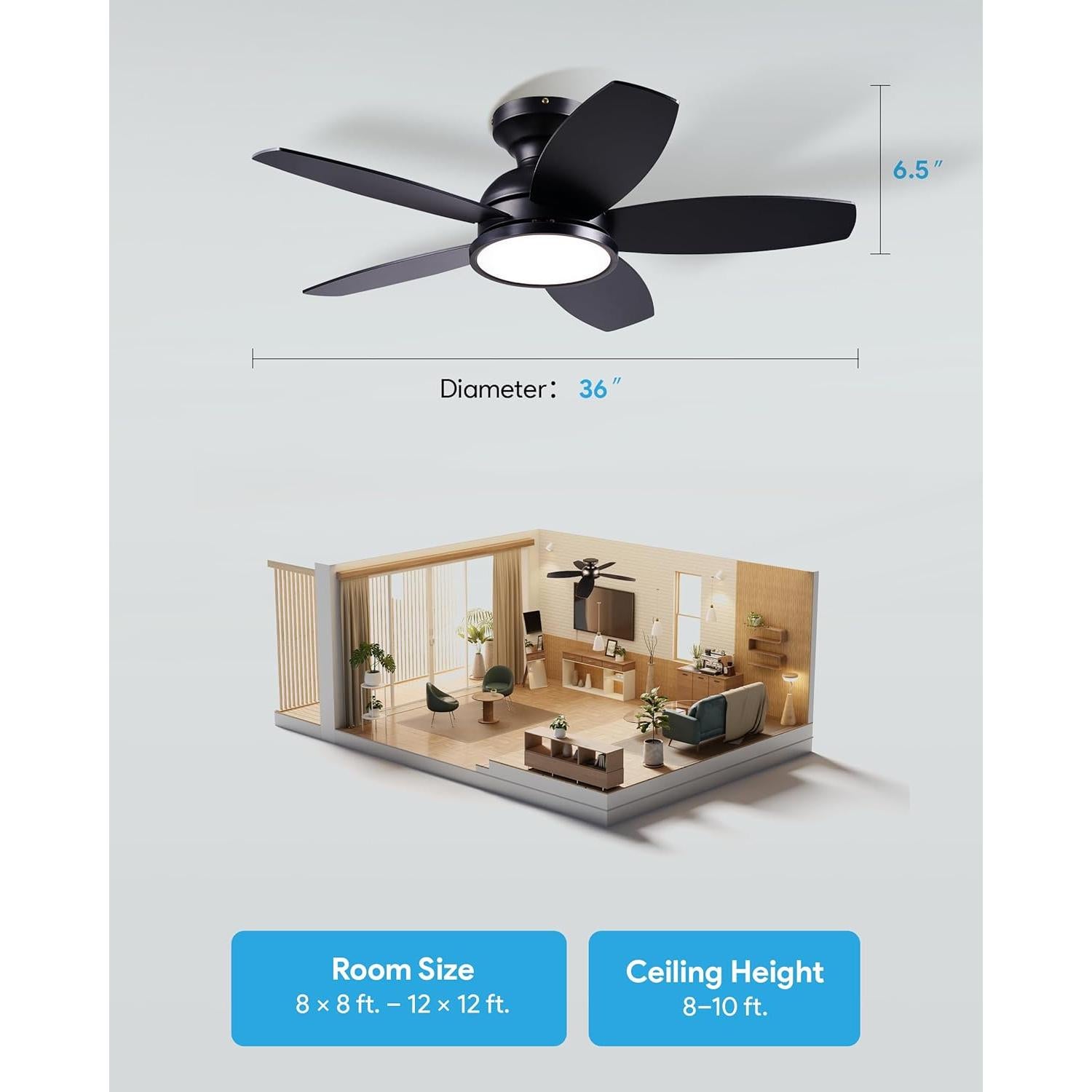 Ventilador de Techo VONLUCE 91.44 cm con Luz LED y Control Remoto