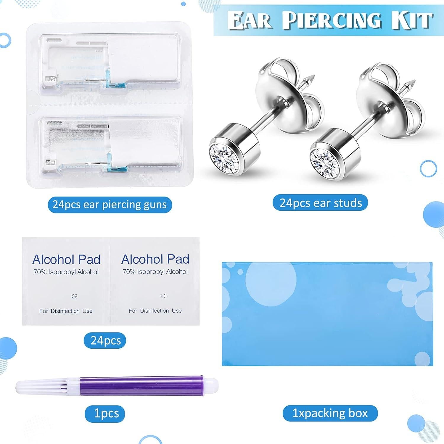 Kit de Perforación de Oídos Desechable 24 Piezas con Pendientes
