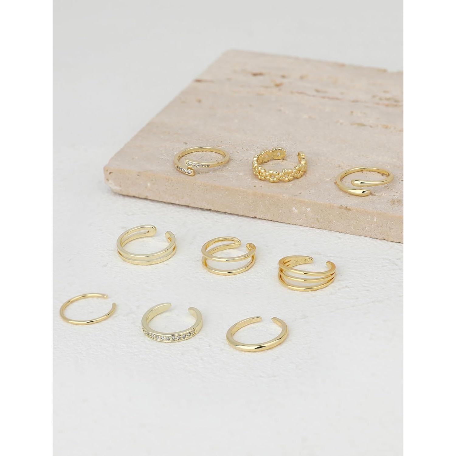 9 Anillos Ajustables de Oro Lleno 14K para Mujeres - Joyería