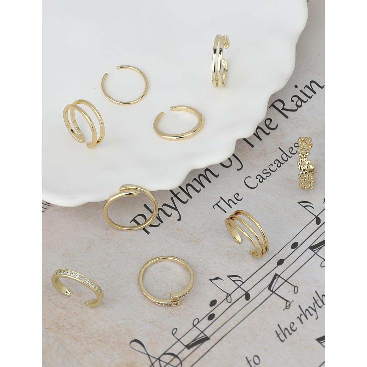 9 Anillos Ajustables de Oro Lleno 14K para Mujeres - Joyería