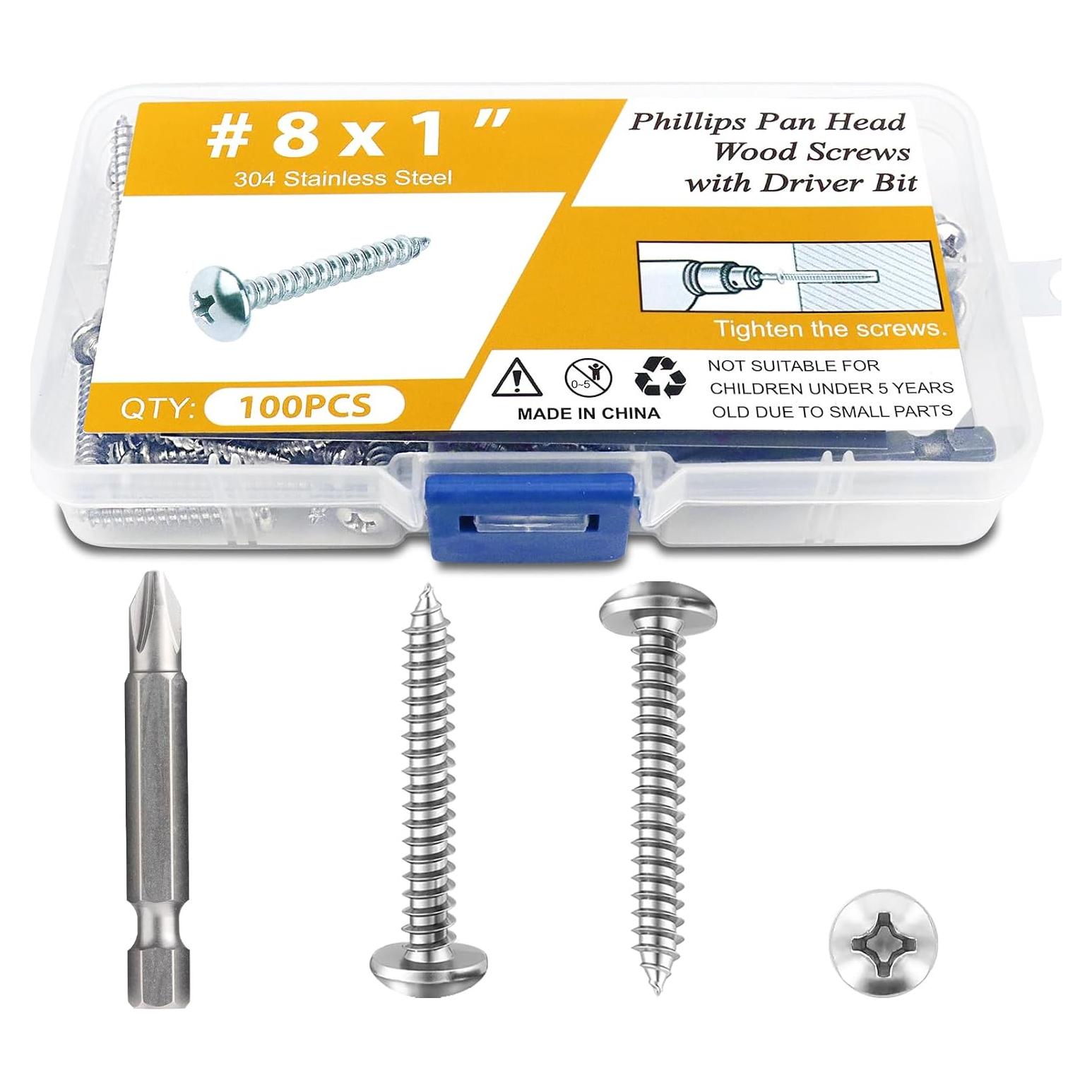 100 Tornillos de Madera Inoxidable #8 x 2.54 cm NANAKLAUS
