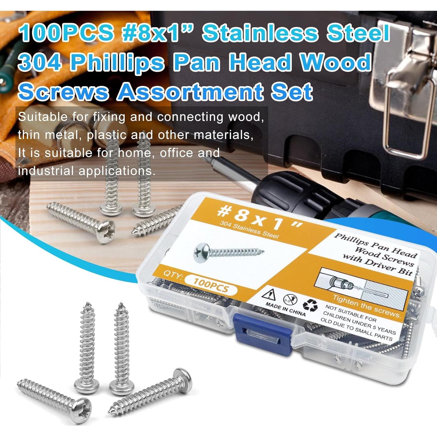 100 Tornillos de Madera Inoxidable #8 x 2.54 cm NANAKLAUS