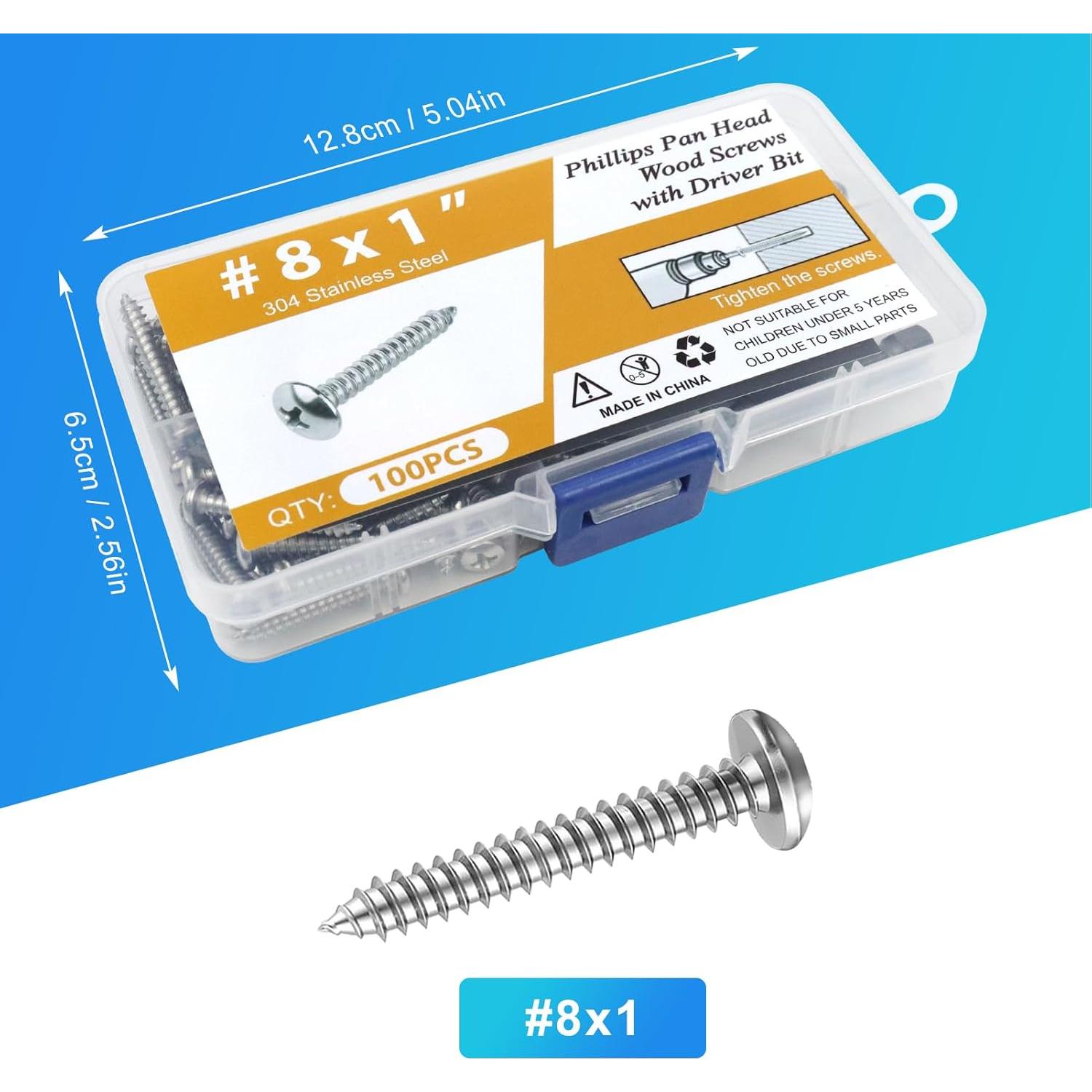 100 Tornillos de Madera Inoxidable #8 x 2.54 cm NANAKLAUS