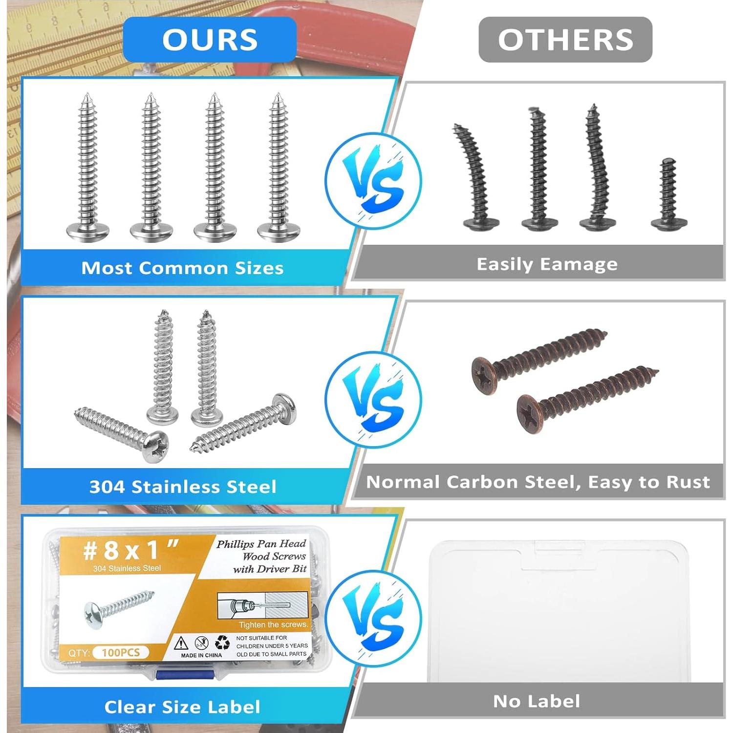 100 Tornillos de Madera Inoxidable #8 x 2.54 cm NANAKLAUS