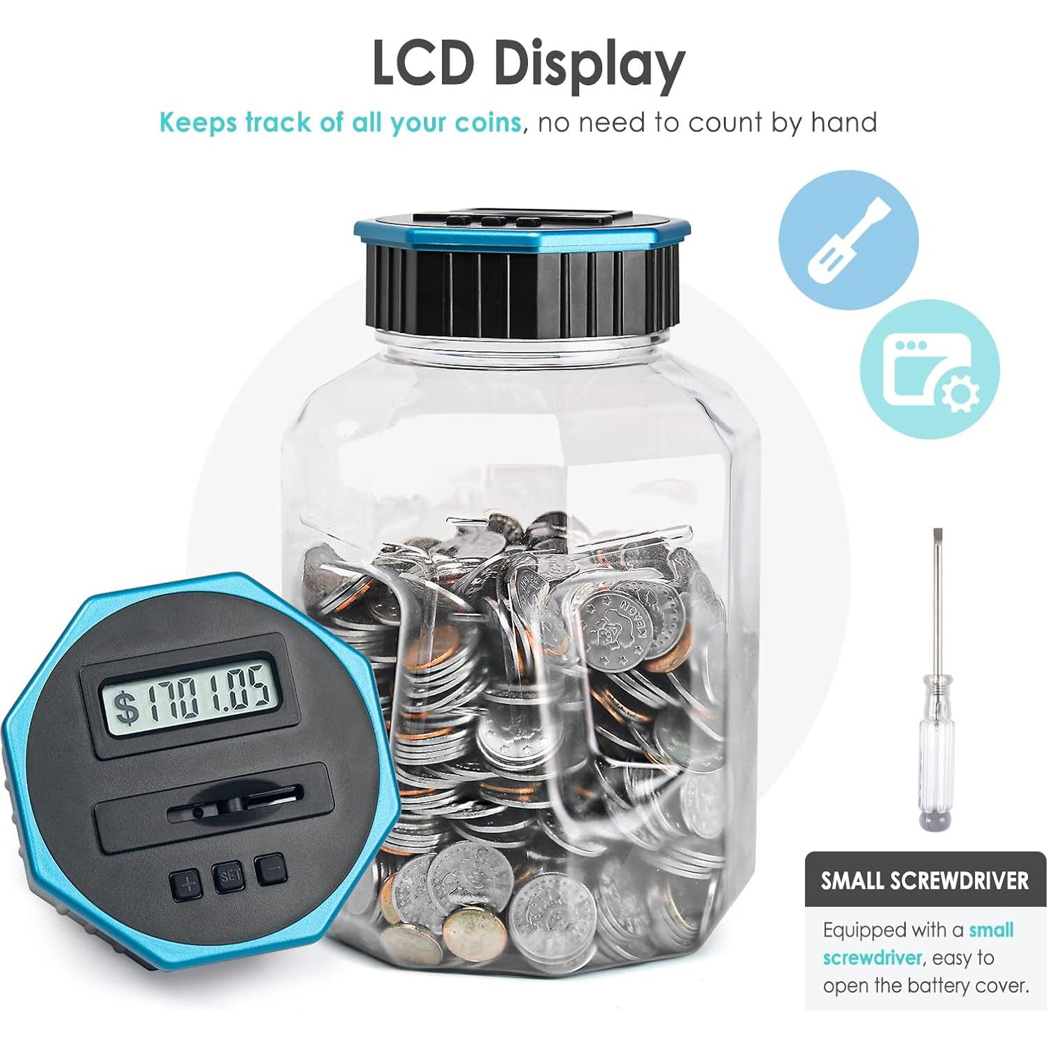 X-Large Piggy Bank for Adults Kids, Vcertcpl Digital Coin Counting Bank with LCD Counter, 2.4L Capacity, Great Coin Counter Bank Money Counting Jar with Total Amount Displayed (Blue, X-Large)