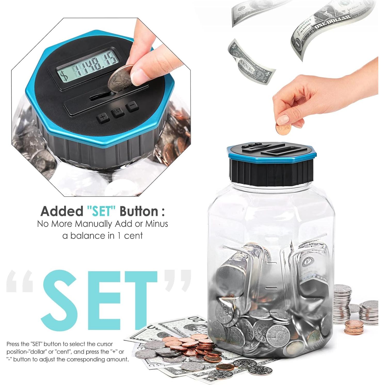 X-Large Piggy Bank for Adults Kids, Vcertcpl Digital Coin Counting Bank with LCD Counter, 2.4L Capacity, Great Coin Counter Bank Money Counting Jar with Total Amount Displayed (Blue, X-Large)