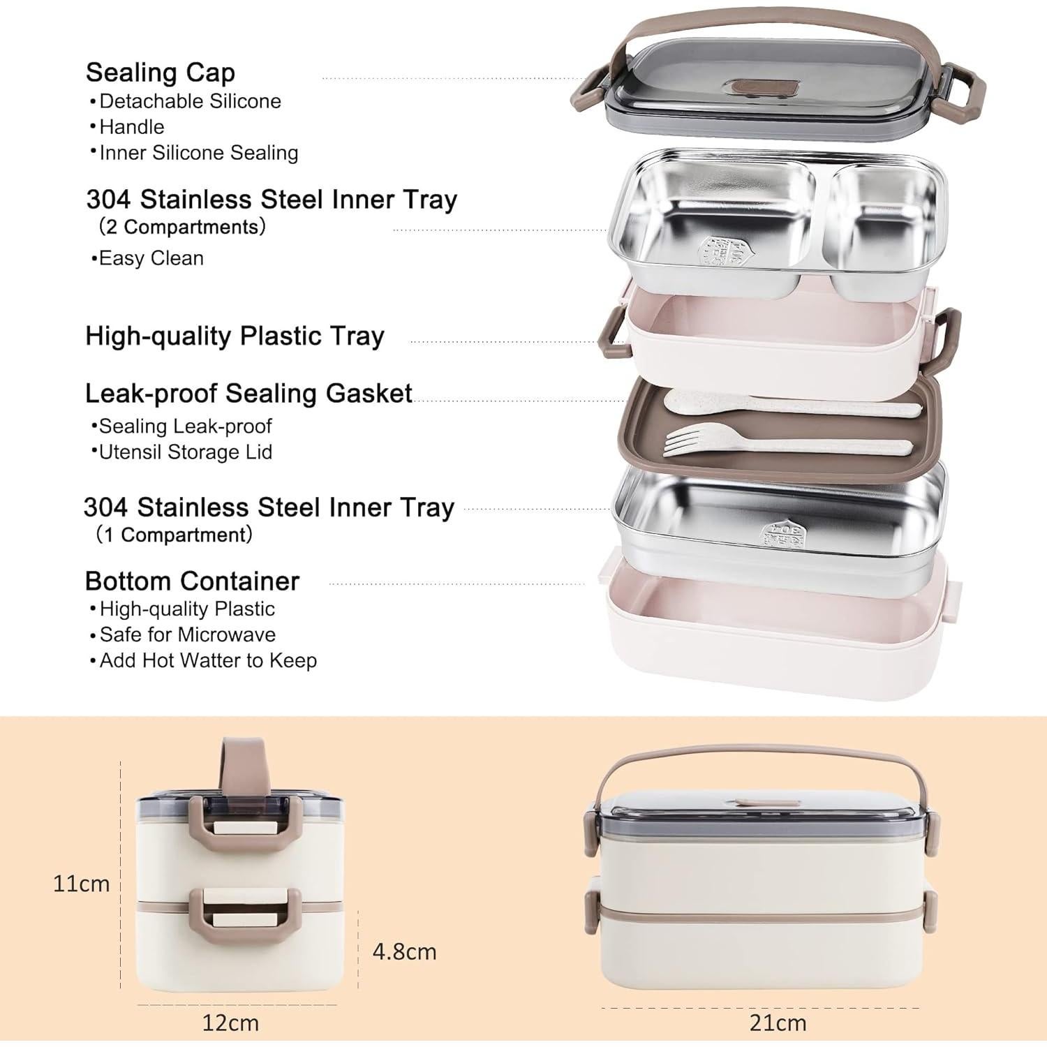 Caja Bento JUBOSYCZ de Acero Inoxidable 2100ml Beige