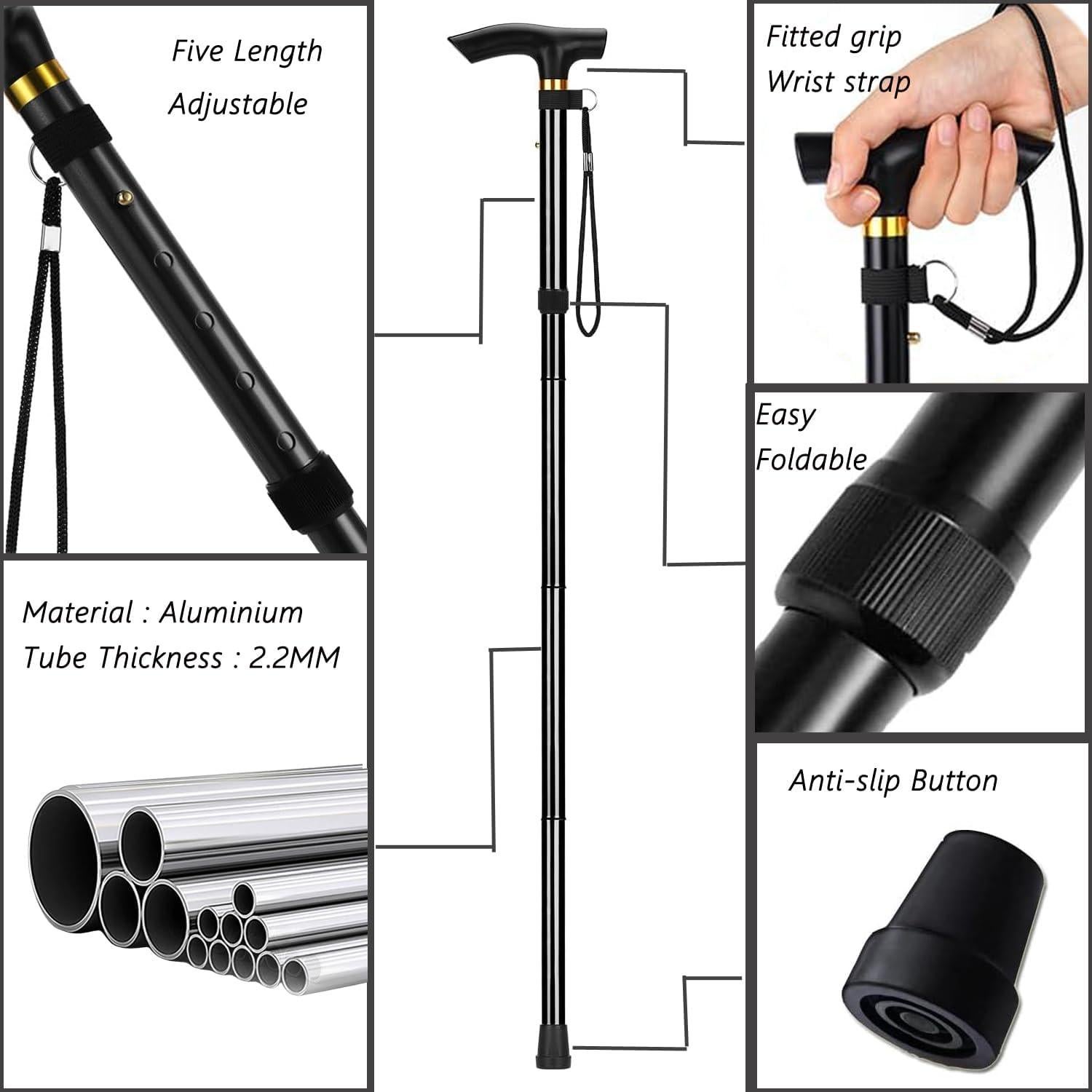 Bastón de Caminata Plegable YOBOKO Aluminio Antideslizante 85-95 cm