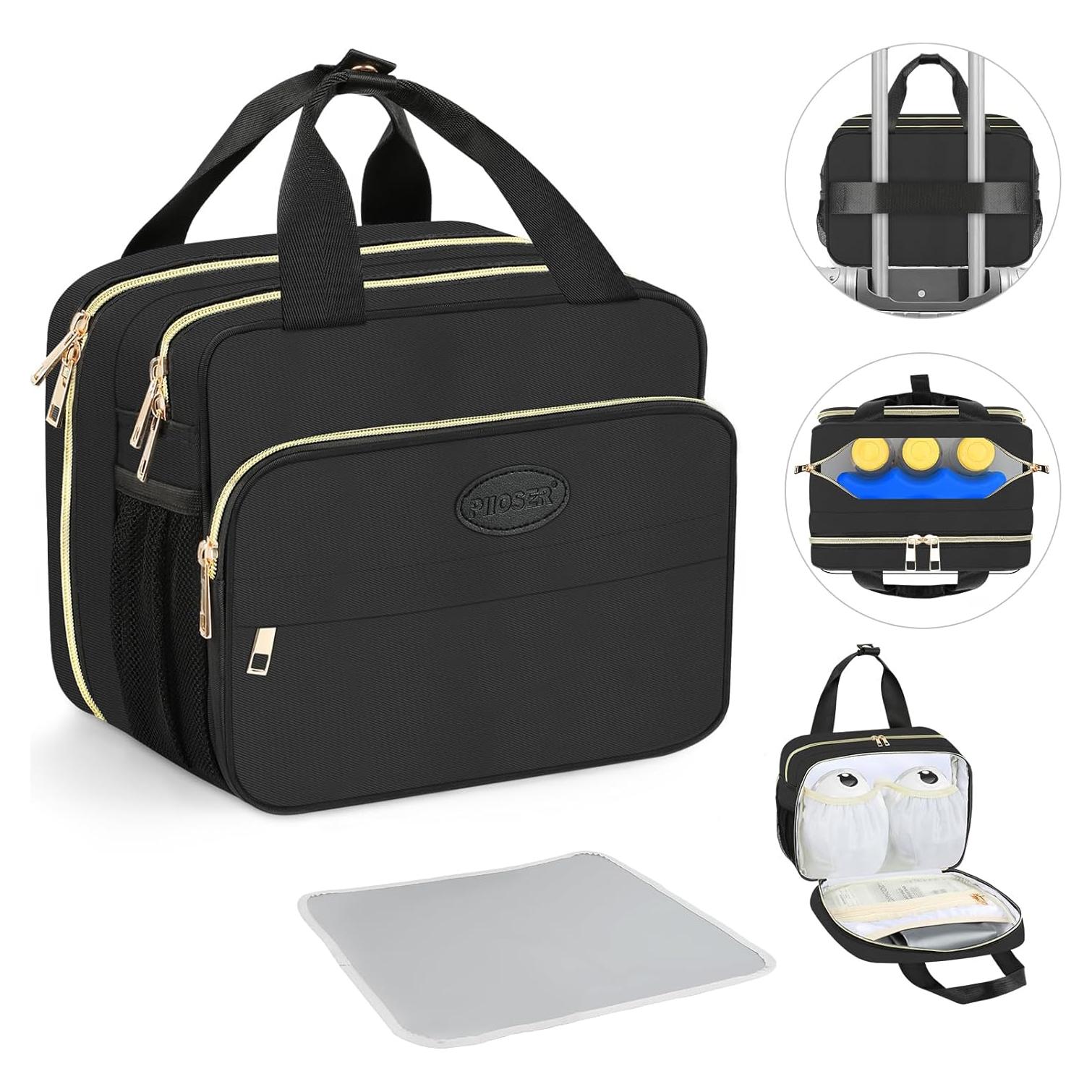 PIIOSER Insulated Baby Bottle Bag with Ice Pack, Breastmilk Cooler Compatible with Wearable Breast Pumps & Accessories - Breastfeeding On The Go Travel for Nursing & Working Moms, Black