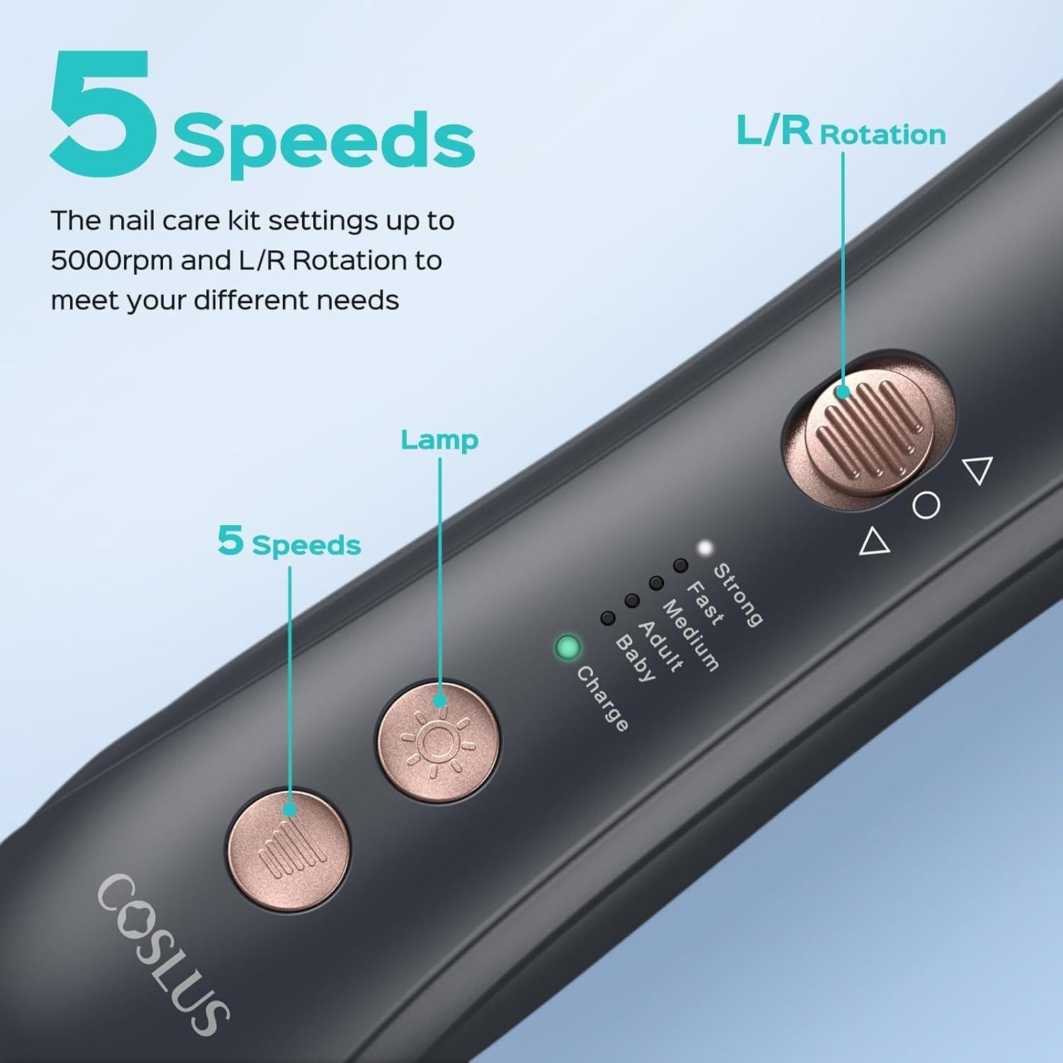 COSLUS Kit Eléctrico de Manicura y Pedicura 5 en 1 Negro