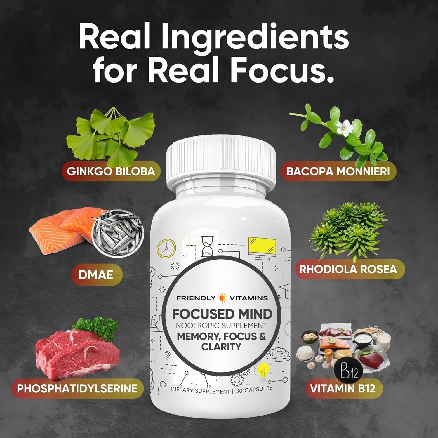 Suplemento Nootrópico Mente Enfocada 30 Cápsulas Vitaminas Amistosas