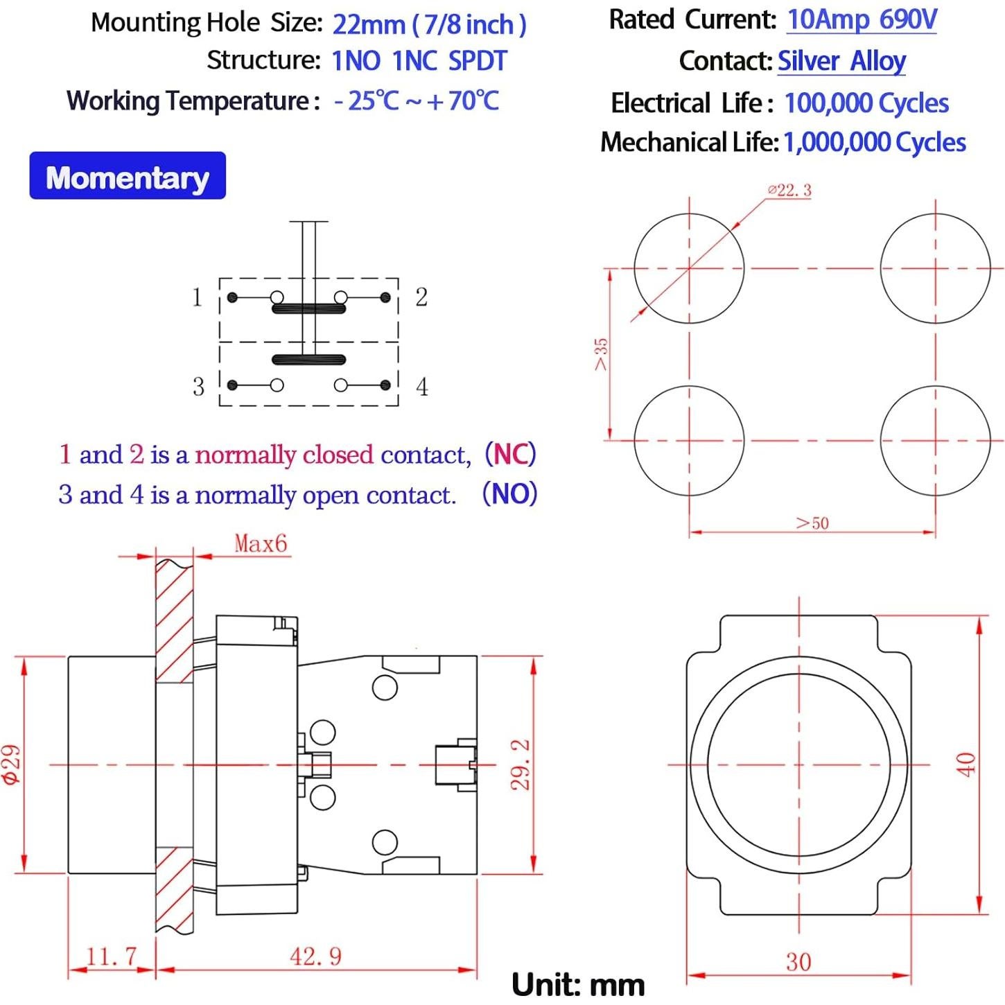 Interruptor de Botón Momentáneo KNDELE 22mm Azul IP65 10A