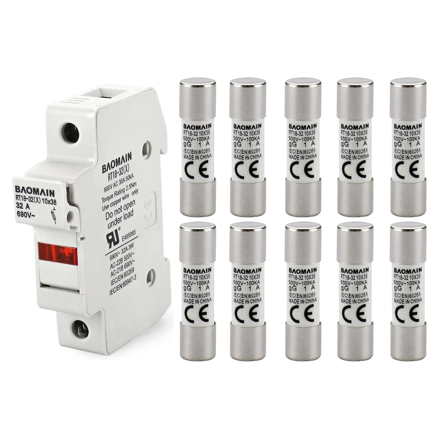 Portafusibles RT18-32 Baomain con 10 Fusibles Cerámicos 1A