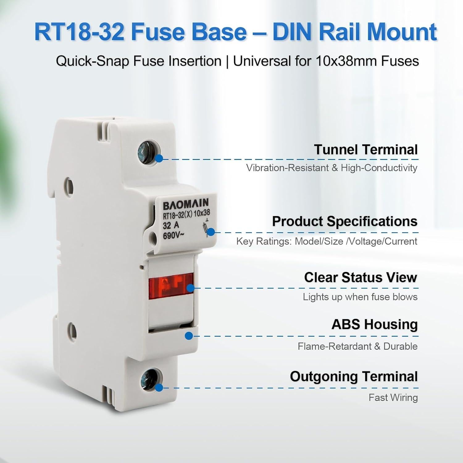 Portafusibles RT18-32 Baomain con 10 Fusibles Cerámicos 1A