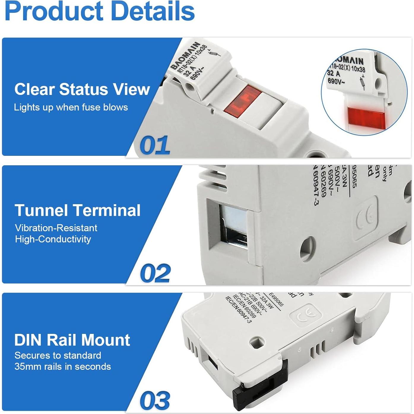Portafusibles RT18-32 Baomain con 10 Fusibles Cerámicos 1A