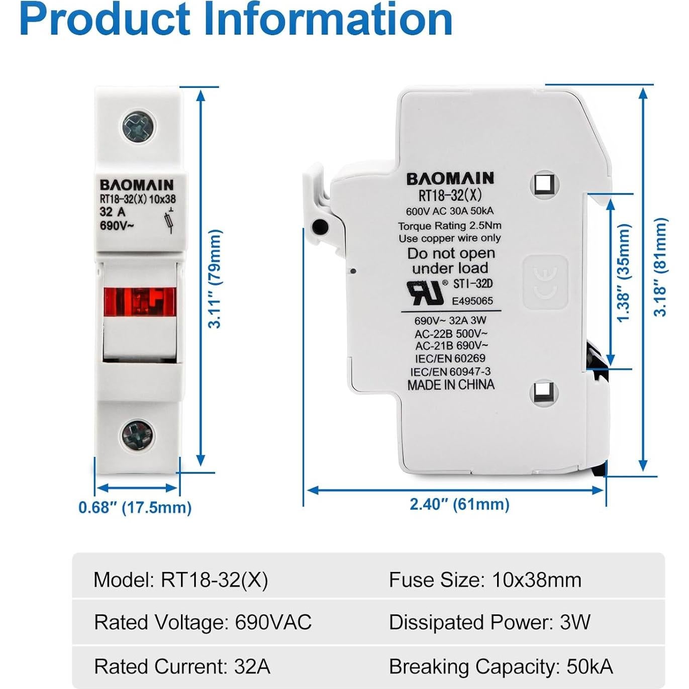 Portafusibles RT18-32 Baomain con 10 Fusibles Cerámicos 1A