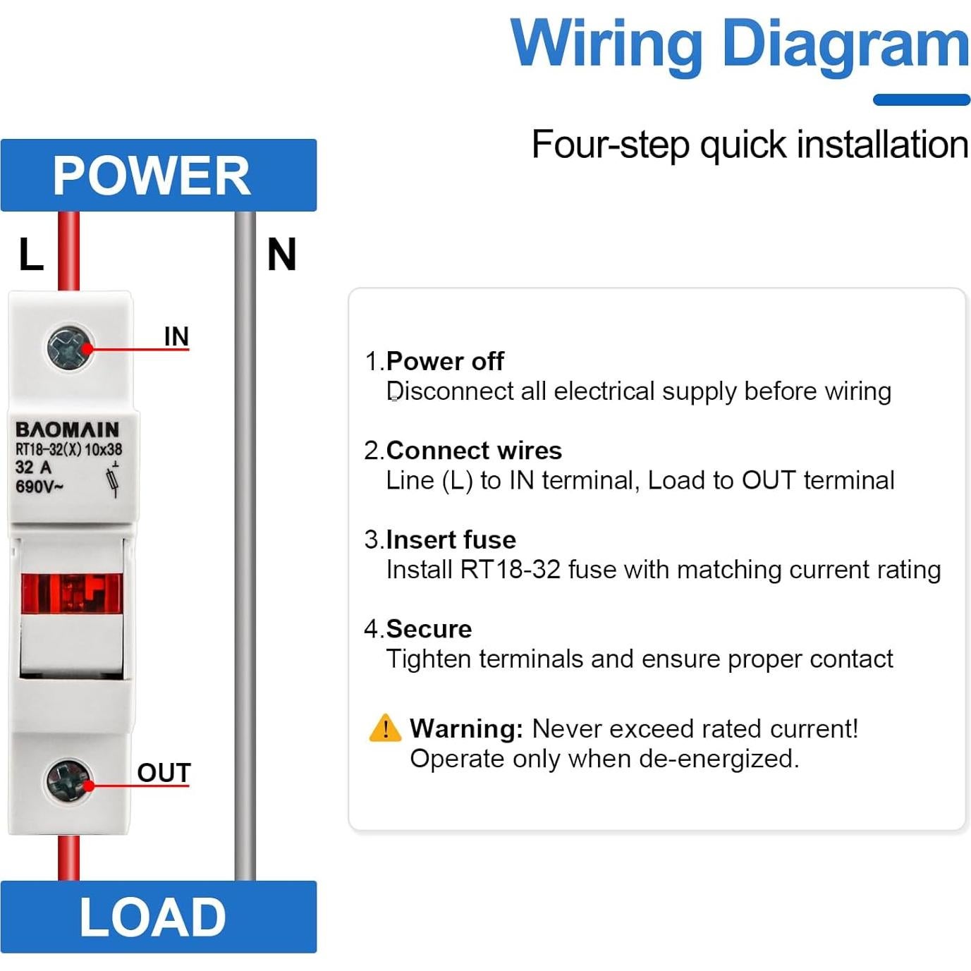 Portafusibles RT18-32 Baomain con 10 Fusibles Cerámicos 1A