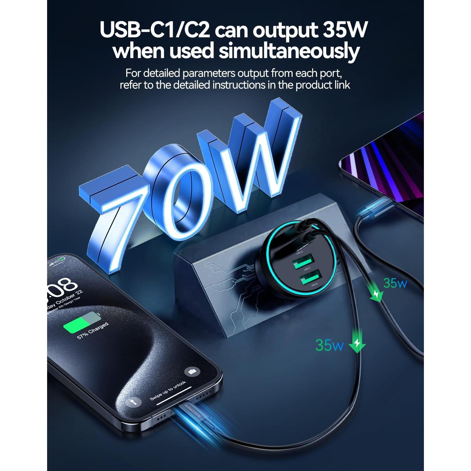 Cargador de coche USB C 70W Rocoren 4 puertos rápido