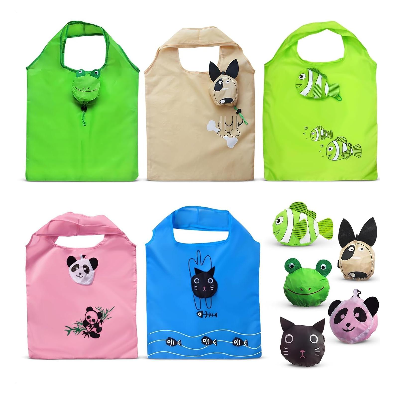 Set de 5 Bolsas Reutilizables Plegables Animales 38x58cm