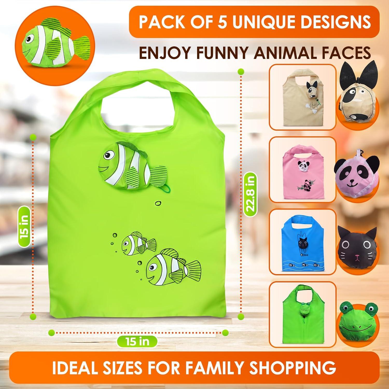 Set de 5 Bolsas Reutilizables Plegables Animales 38x58cm
