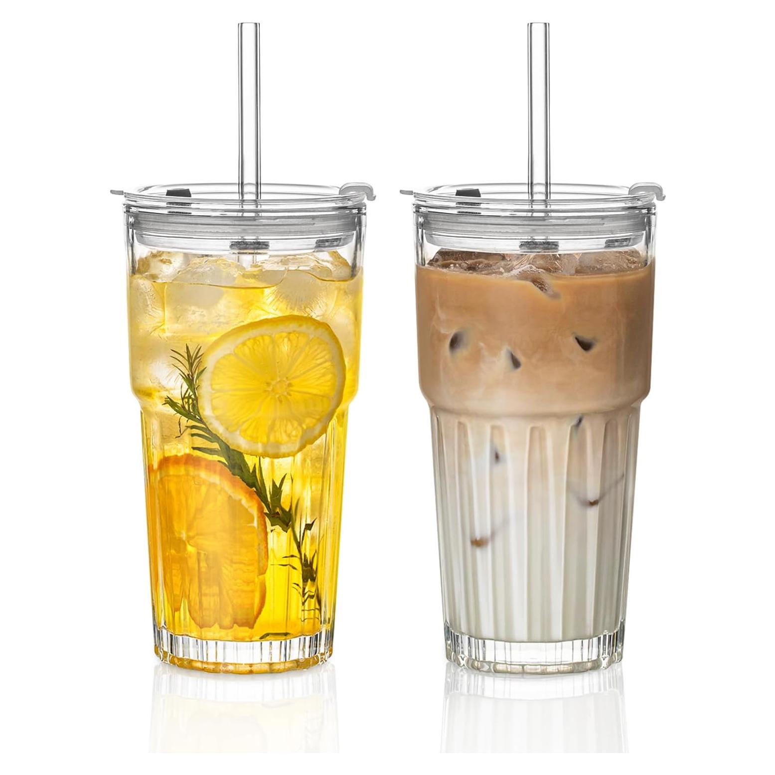 Juego de 2 Vasos de Vidrio INSETLAN 600 ml con Tapas y Pajitas