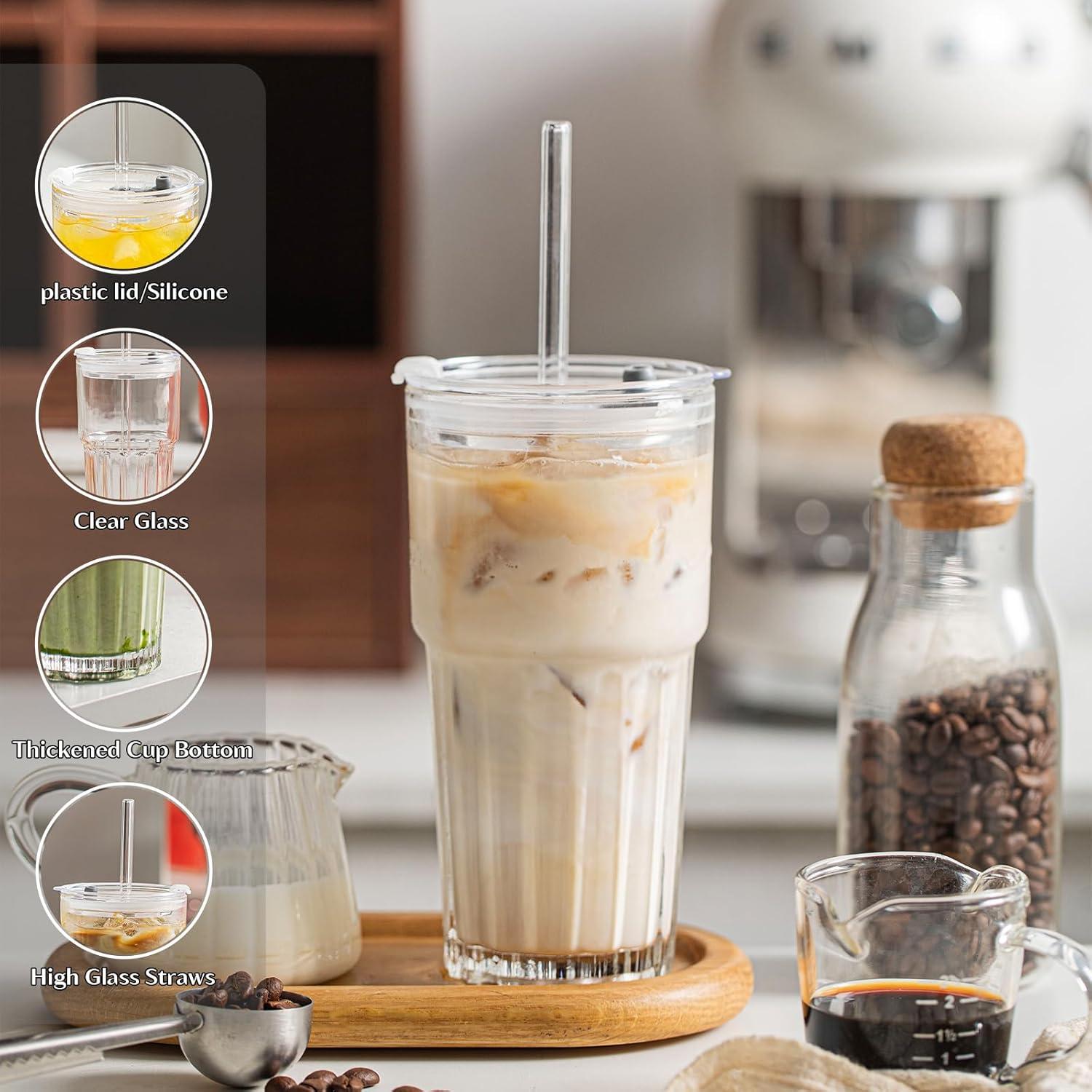 Juego de 2 Vasos de Vidrio INSETLAN 600 ml con Tapas y Pajitas