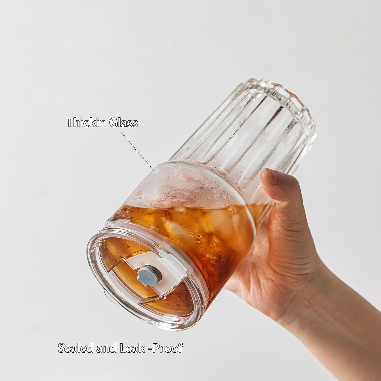 Juego de 2 Vasos de Vidrio INSETLAN 600 ml con Tapas y Pajitas