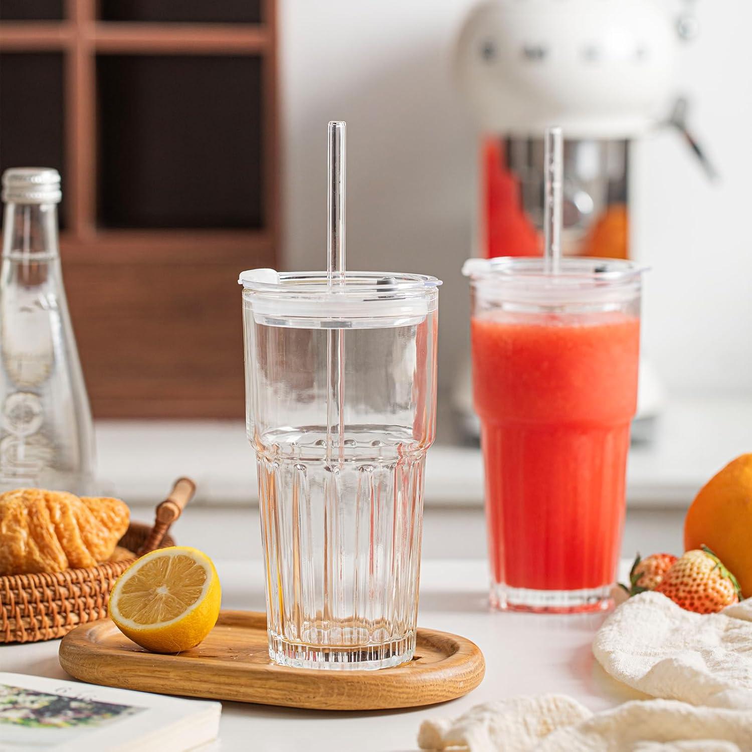 Juego de 2 Vasos de Vidrio INSETLAN 600 ml con Tapas y Pajitas