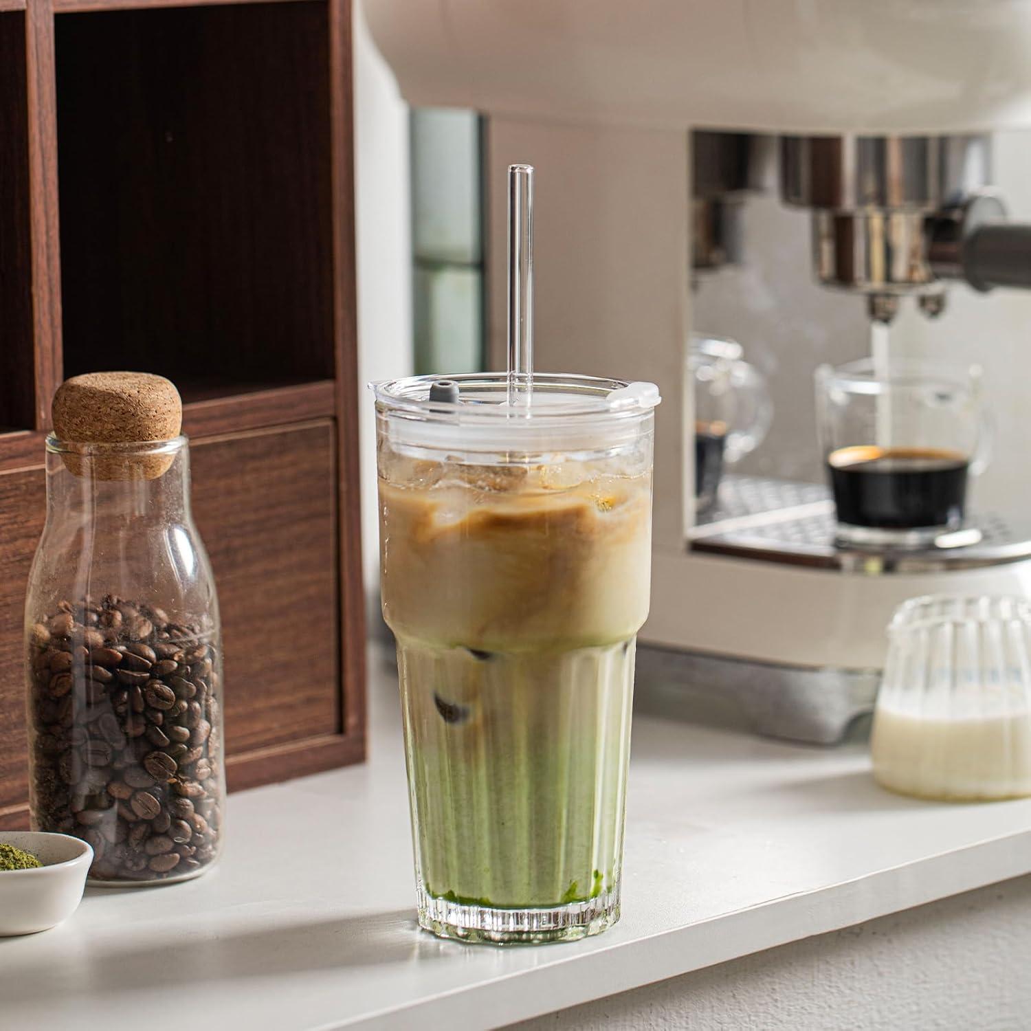 Juego de 2 Vasos de Vidrio INSETLAN 600 ml con Tapas y Pajitas