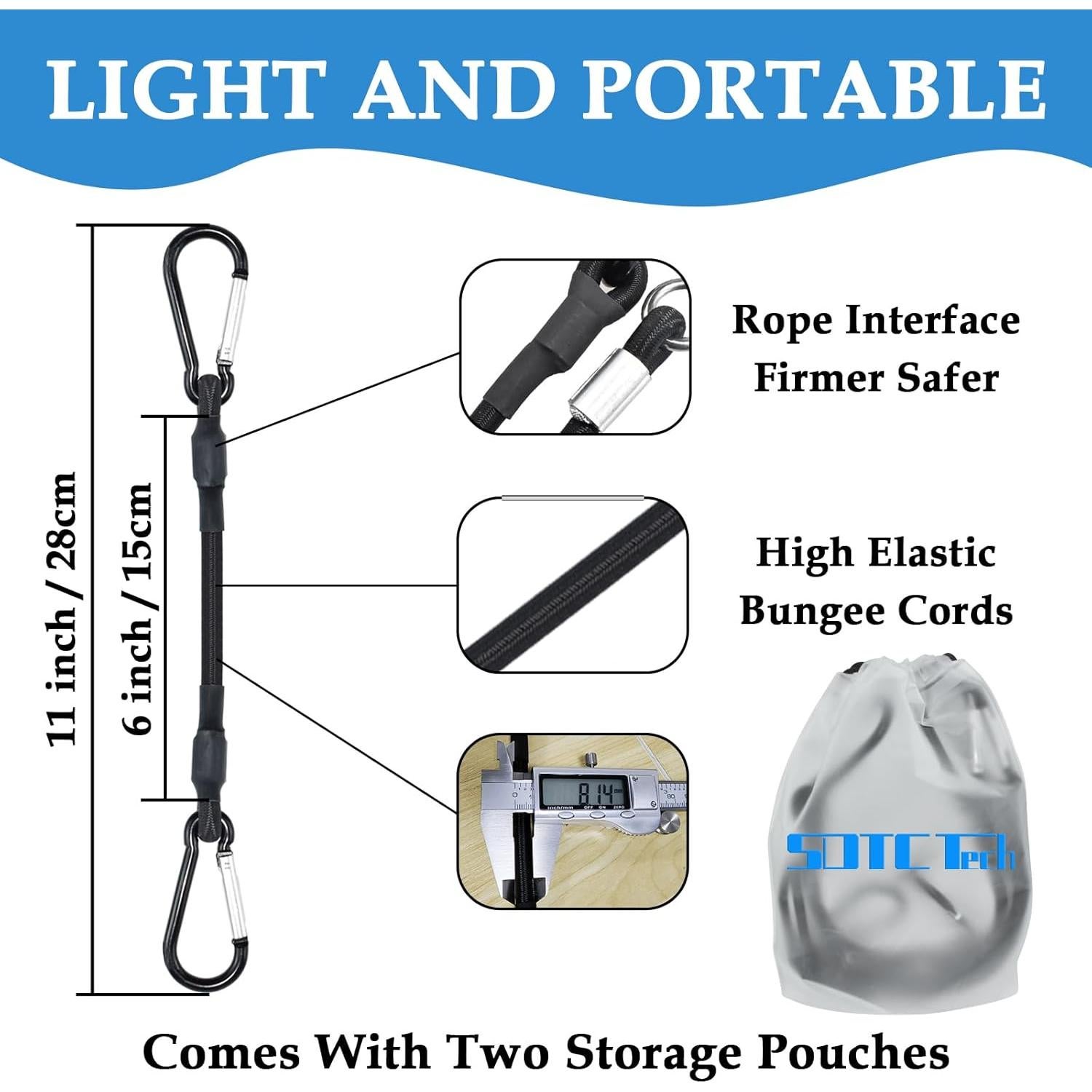 Cuerdas Bungee Cortas SDTC Tech 20 cm con Ganchos de Carabinero - Paquete de 4