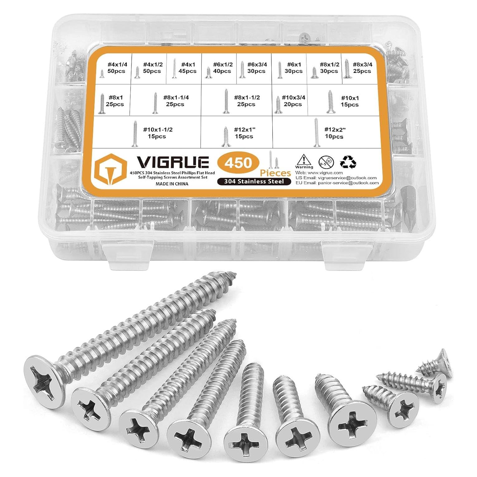 Juego de Tornillos de Acero Inoxidable VIGRUE 450Pcs #4 a #12