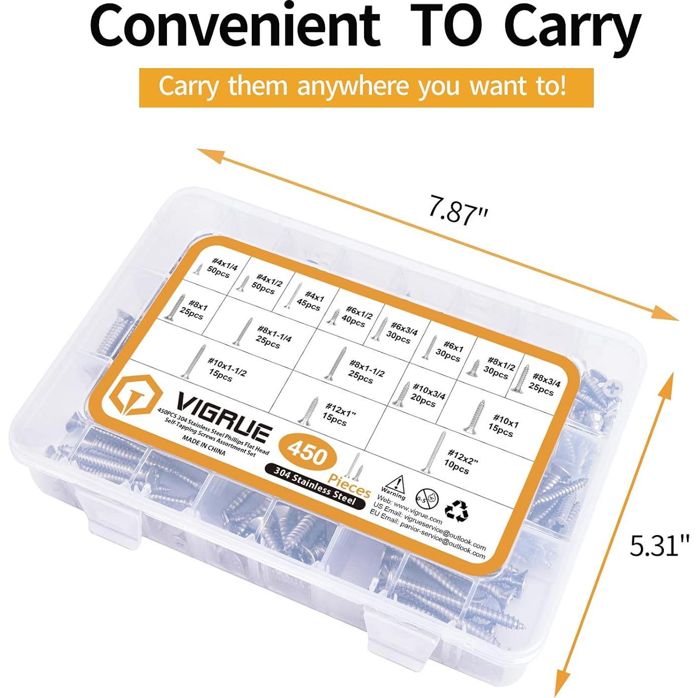 Juego de Tornillos de Acero Inoxidable VIGRUE 450Pcs #4 a #12